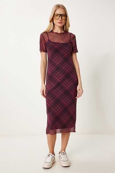 Happiness İstanbul Women's Burgundy Black Checkered Lined Tulle Dress An00251