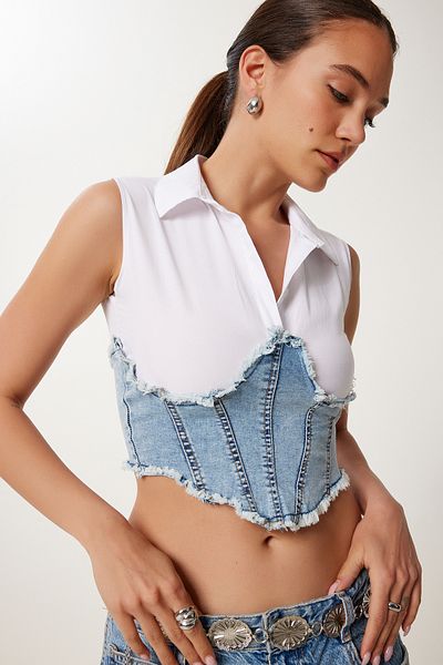 Happiness İstanbul Women's White Light Blue Denim Detailed Shirt Collar Crop Blouse An00252