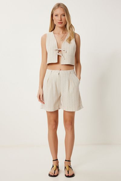 Happiness İstanbul Women's Cream Striped Vest Shorts Linen Suit Gk00016