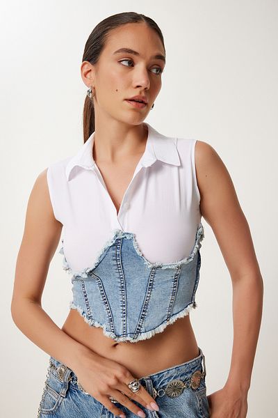 Happiness İstanbul Women's White Light Blue Denim Detailed Shirt Collar Crop Blouse An00252