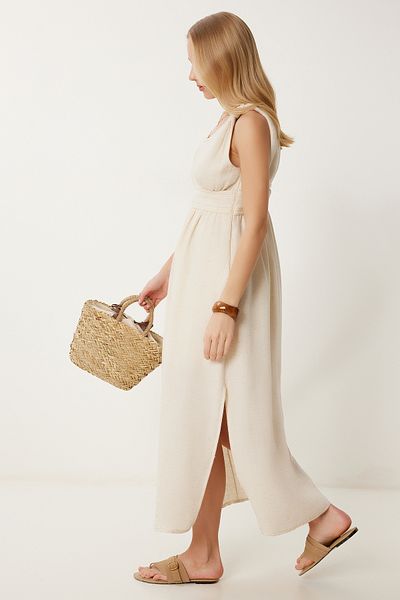 Happiness İstanbul Cremefarbenes gestricktes gestreiftes Sommer-Leinenkleid für Damen RV00209