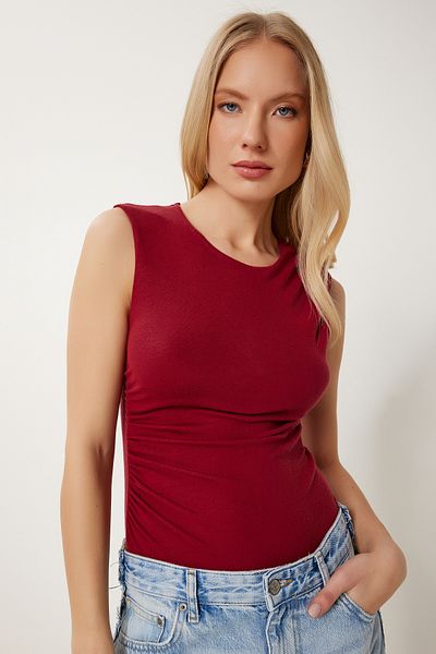 Happiness İstanbul Burgunderrote, dehnbare Strickbluse mit Kordelzug und detailliertem Druckknopfverschluss für Damen DP00248