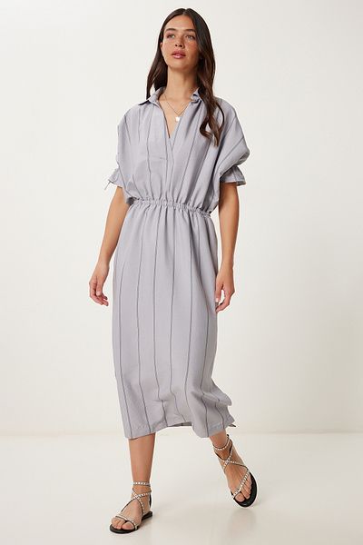 Happiness İstanbul Women's Gray Striped Slit Ayrobin Dress Rg00062