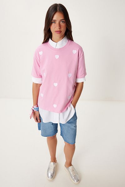 Happiness İstanbul Women's Pink Heart Embroidered Cotton Knitted T-Shirt An00244