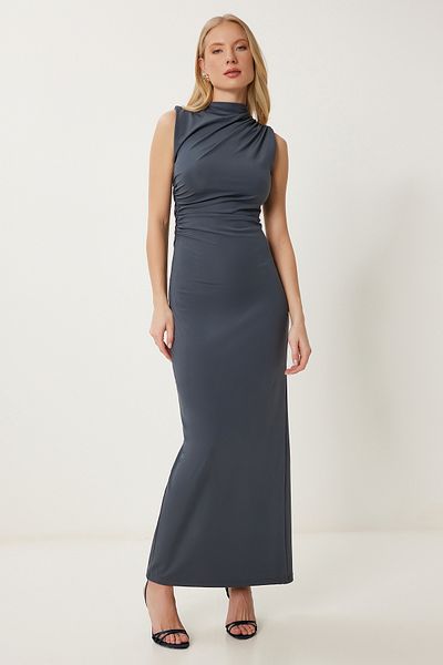 Happiness İstanbul Women's Smoked Draped Saran Stretchy Maxi Dress Dp00250