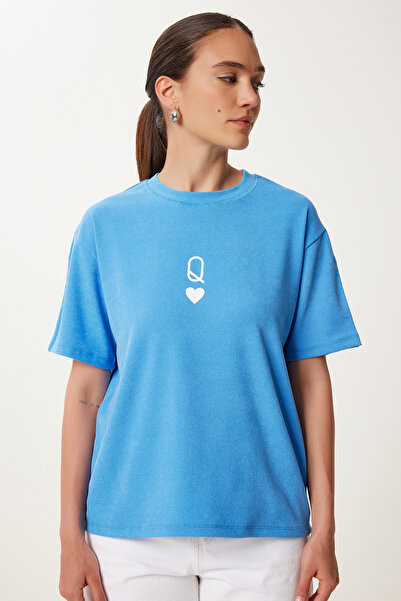 Happiness İstanbul Γυναικείο Πλεκτό Μπλουζάκι με Μπλε Ουρανό με στάμπα Oversize AN00245