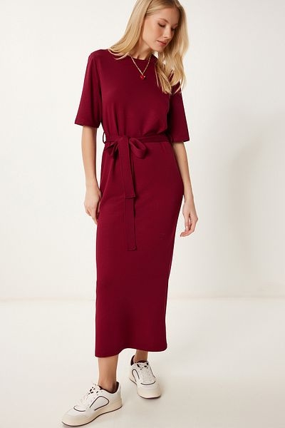 Happiness İstanbul Burgunderrotes, flexibles Strickkleid mit Gürtel für Damen DZ00125