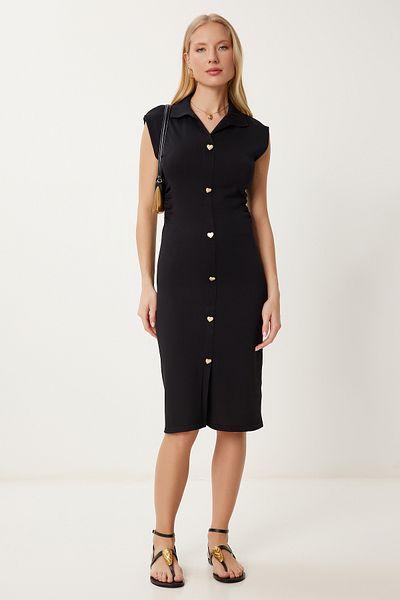 Happiness İstanbul Rochie de tricotaj înfășurată cu șnur cu nasturi cu inimă neagră pentru femei AS00028