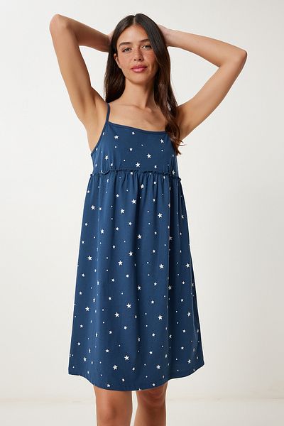 Happiness İstanbul Women's Navy Blue Straps Soft Textured Cotton Knitted Nightgown Dress Ce00097
