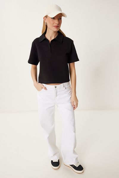 Happiness İstanbul Dámské černé pletené tričko Polo Neck Pique DP00254