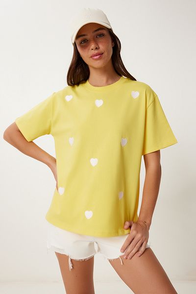 Happiness İstanbul Gestricktes T-Shirt aus Baumwolle mit gelbem Herz für Frauen AN00244