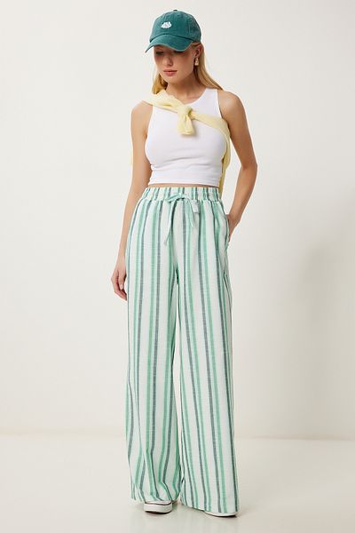 Happiness İstanbul Grün gestreifte Sommerhose aus lockerem Leinen für Damen DP00247