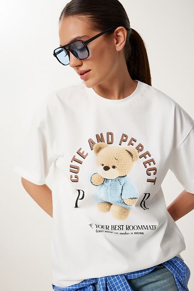 Happiness İstanbul Ecru bedrucktes Oversize-T-Shirt aus Baumwolle für Damen CR00508