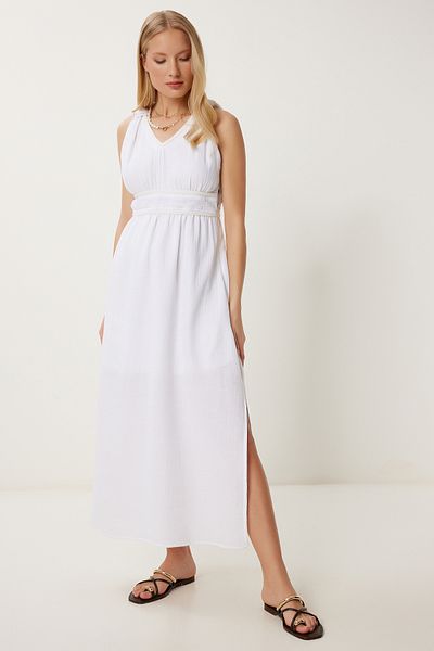Happiness İstanbul Women's Ecru Knitted Striped Summer Linen Dress Rv00209