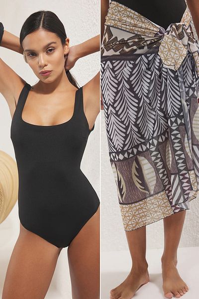 Trendyol Collection Black Square Neck Swimsuit & Ethnic Patterned Pareo 2-Piece Beach Wear Set Tbess25Js00000