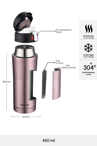 Karaca Thermos etanș din oțel Pluton de 450 ml Rose Gold