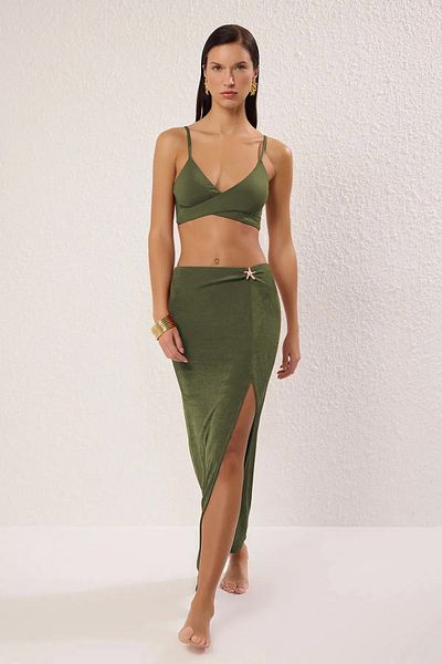 Trendyol Collection Khaki Maxi Knitted Premium Star Accessory Beach Skirt Tbess25Et00000