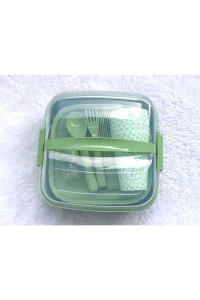 Titiz Plastik 32 Piece Portable Green Picnic Set Including Cup, Plate, Fork, Knife, Spoon, Storage Container