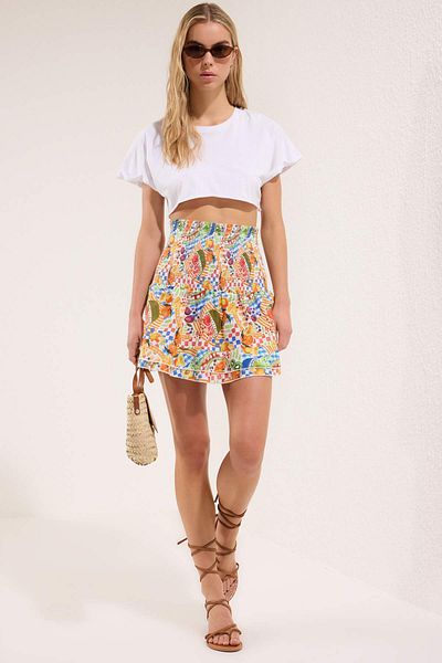 Trendyol Collection Multicolored Skirt Tiered Fruit Patterned Summer 100% Cotton Mini Skirt Twoss25Et00187