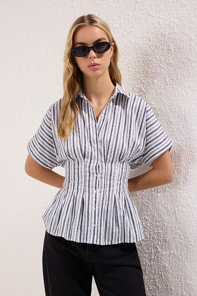 Trendyol Collection Black-White Striped Size Fitted Lycra Shirt Twoss25Go00167