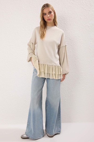 Trendyol Modest تونيك محبوك ومكشكش ومزخرف باللون البيج الفاتح TCTSS25UK00004