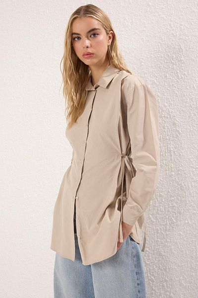 Trendyol Modest Beige Cotton Side Lace Detailed Woven Shirt Tctss25Tg00032