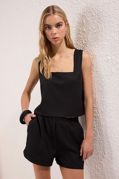Trendyol Collection Black Linen Look Woven Bottom-Top Set Twoss25Au00114