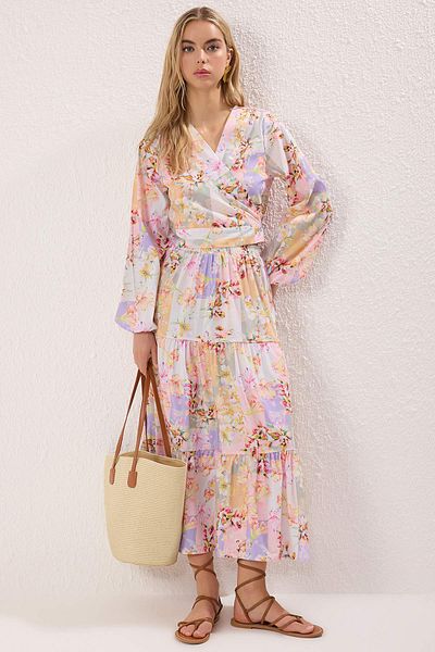 Trendyol Modest Pink Multicolor Floral Tie Detail Woven Bottom-Top Suit Tctss25Us00044