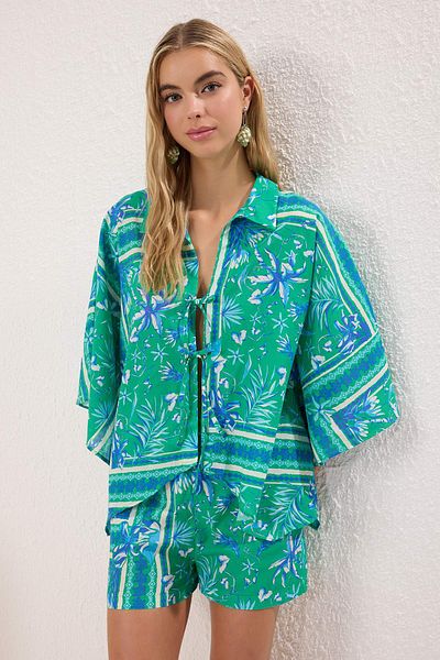 Trendyol Collection Flower Pattern 100% Cotton Shirt Shorts & Tbess25Au00033 Plage Set