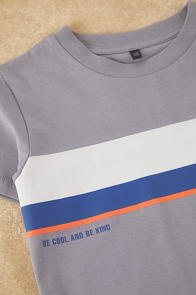 TRENDYOLKIDS Graues Jungen-T-Shirt aus Baumwolle mit bedrucktem Strick – Shorts unten – Oberteil-Set TKDSS25AU00098