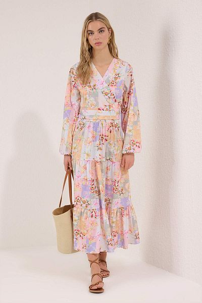 Trendyol Modest Pink Multicolor Floral Tie Detail Woven Bottom-Top Suit Tctss25Us00044