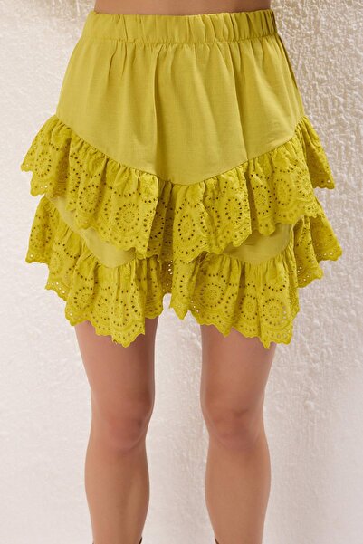 Trendyol Collection Olajzöld mini szőtt hímzés, részletes, lobogó pamut strandszoknya TBESS24ET00004