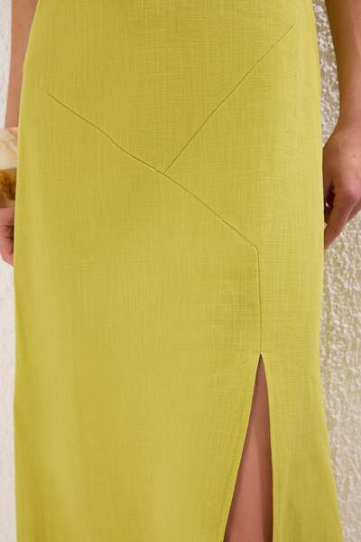 Trendyol Collection Oil Green Linen Blended A-Line Maxi Woven Dress Twoss25El00644