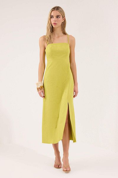 Trendyol Collection Oil Green Linen Blended A-Line Maxi Woven Dress Twoss25El00644
