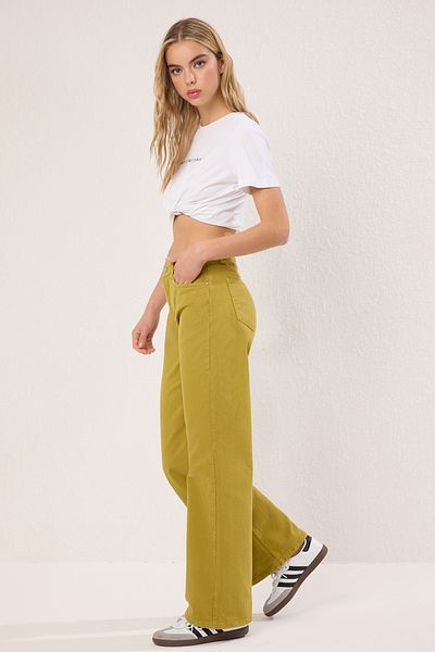 Trendyol Collection Oil Green Waist Detail High Waist Wide Leg Pants Twoaw25Je00039