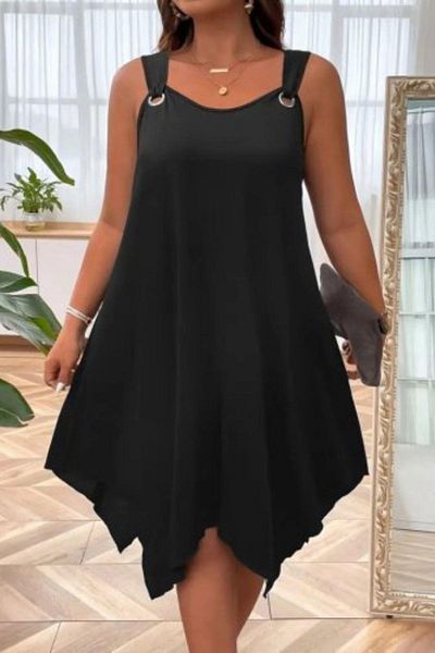 Mossta Asymmetrical Cut Viscose Dress with Bird Eye Detail - Black