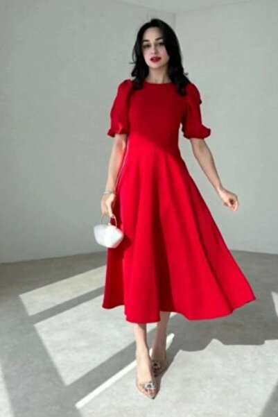 Mossta Balloon Sleeve Relaxed Cut Midi Crepe Dress - Red