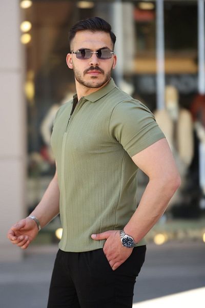 modaserdem Men's Short Sleeve T-Shirt with Zipper Collar