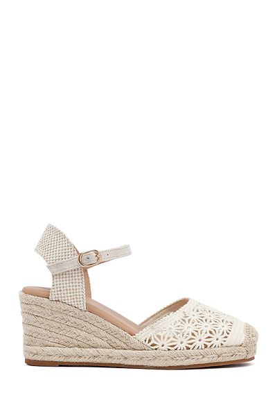 Derimod Women's Beige Ankle Buckle Wedge Heeled Espadrille 25Sfe40186F