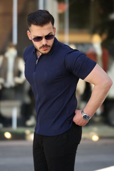 modaserdem Men's Short Sleeve T-Shirt with Zipper Collar