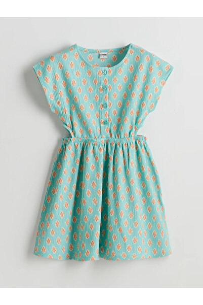 LC Waikiki Turquoise Crew Neck Floral Girl's Dress