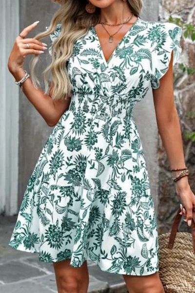 Mossta Double Breasted Collar Floral Patterned Atlas Dress - Green