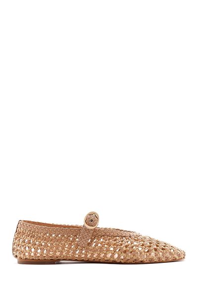 Derimod Women's Beige Buckle Straw Leather Ballerinas 25Sfd5511M7