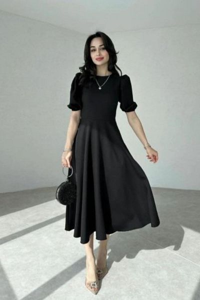 Mossta Balloon Sleeve Relaxed Cut Midi Crepe Dress - Black