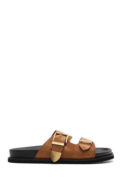 Derimod Women's Tan Buckle Suede Slippers 25Sfe401010