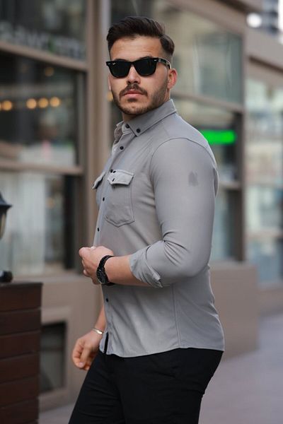 AhEs Shopping Ανδρικό μακρυμάνικο πουκάμισο με διπλή τσέπη με κουμπιά