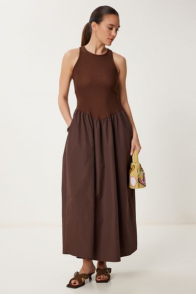 Lovelyİstanbul Rochie cu top tricotat și fustă din poplin maro Lpb0002