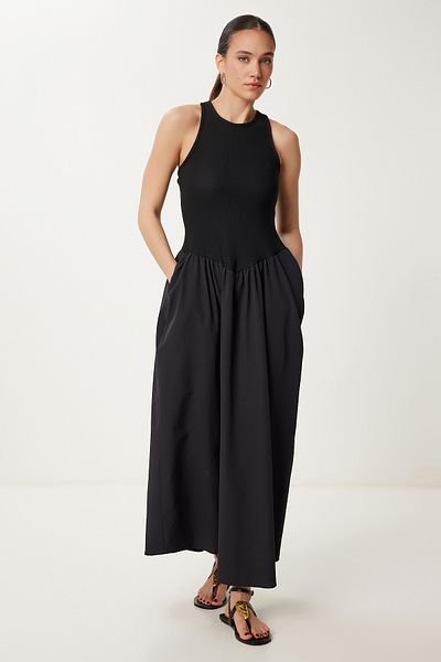 Lovelyİstanbul Rochie cu top tricotat și fustă din poplin neagră Lpb0002