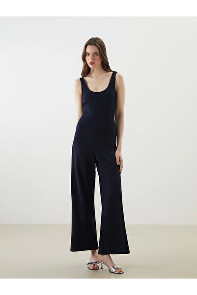 LC Waikiki Navy Blue U-Neck Wide Leg Crepe Jumpsuit
