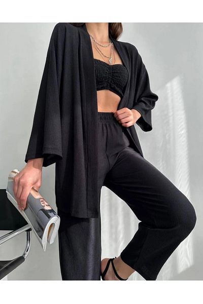 LEONE KOLEKSİYON Women's Comfortable Fit Kimono Suit Wide Leg Summer Suit Wrinkled Fabric